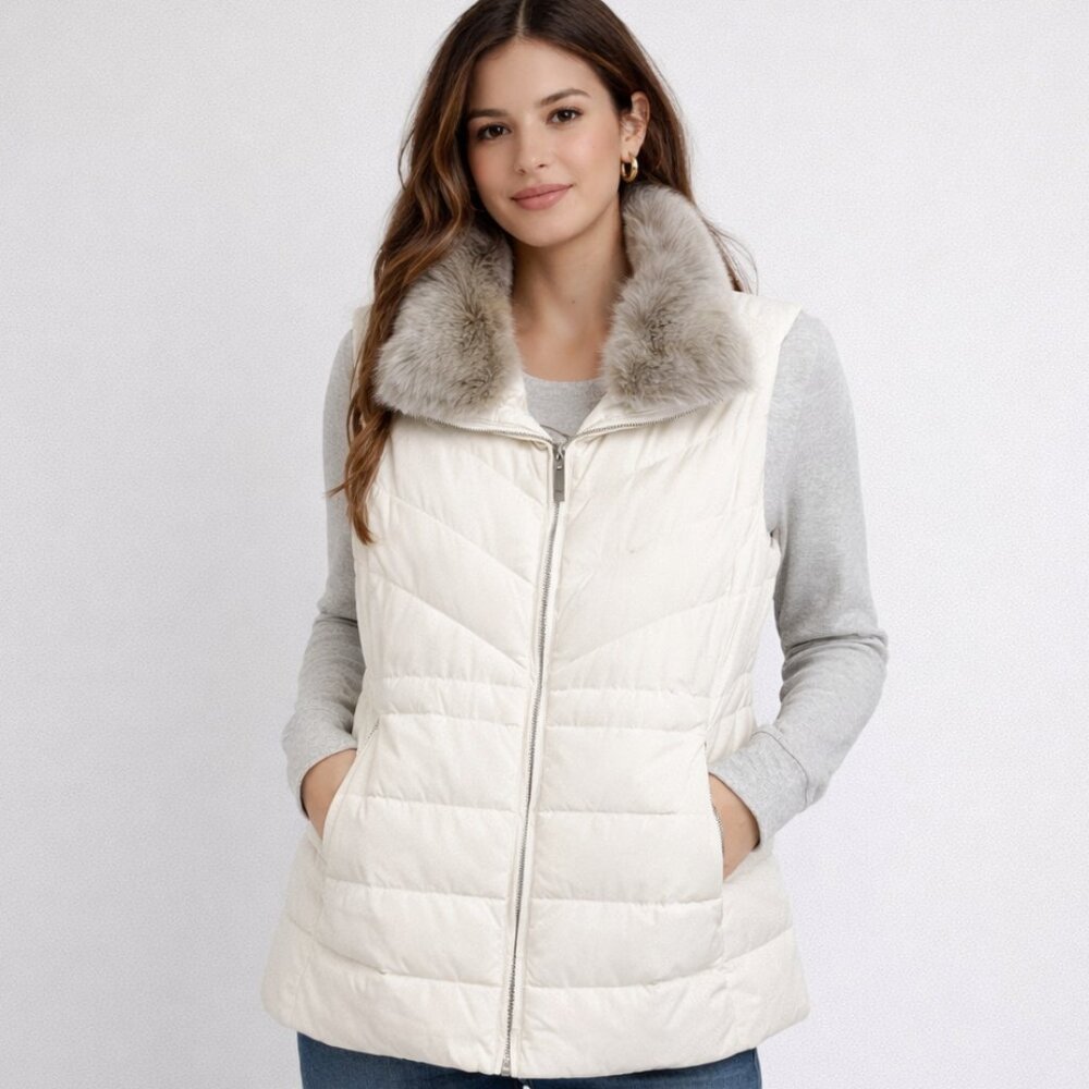 Talbots Down Puffer Vest with Faux Fur Collar Ivory Plus Size X NWOT